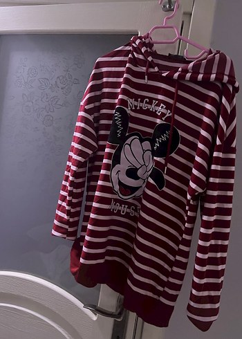 l Beden Bordo Çizgili Mickey Baskılı Kapüşonlu Sweatshirt
