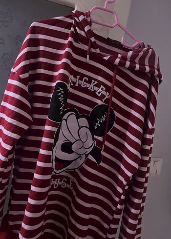 Bordo Çizgili Mickey Baskılı Kapüşonlu Sweatshirt