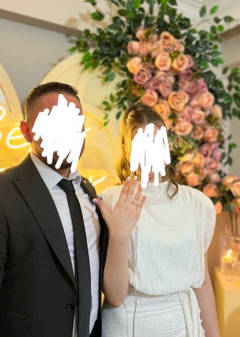 Beyaz Drapeli Uzun Yaka Yüksek Abiye Elbise - Görsel 4