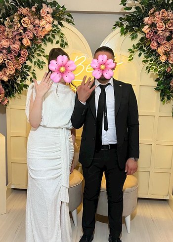 Beyaz Drapeli Uzun Yaka Yüksek Abiye Elbise - Görsel 2