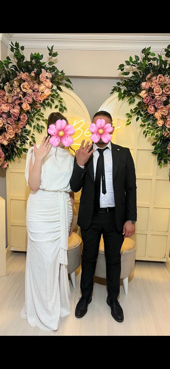 Beyaz Drapeli Uzun Yaka Yüksek Abiye Elbise - Görsel 2