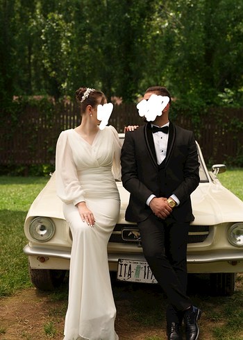 Uzun Kollu V Yaka Beyaz Düz Elbise - Görsel 3