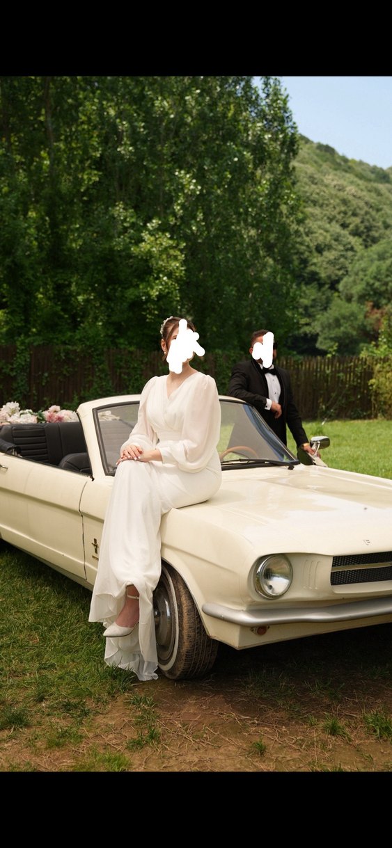 Uzun Kollu V Yaka Beyaz Düz Elbise - Görsel 2