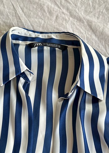 Zara Mavi Parlak Çizgili Düğmeli Kadın Gömlek