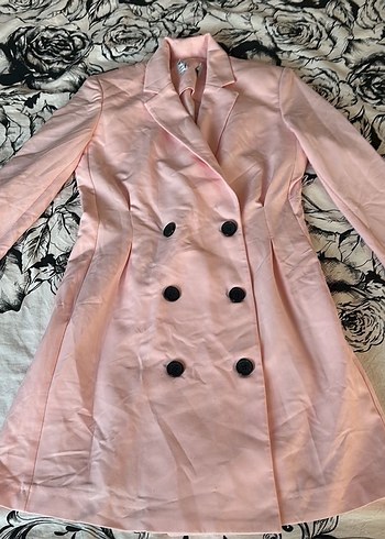s Beden Düğmeli Pembe Uzun Kadın Blazer Ceket