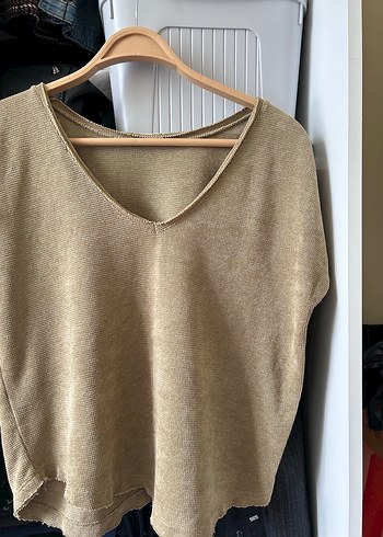 Bej Keten Kadın Kısa Kollu Salaş Kazak - Görsel 5