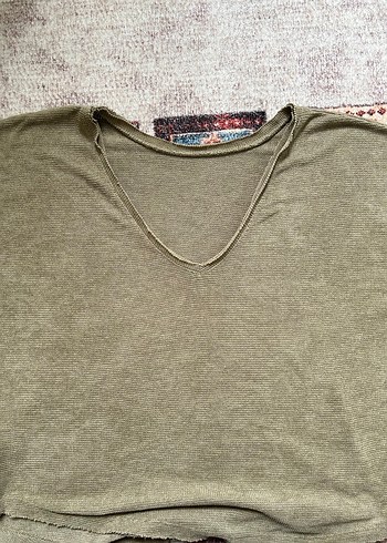 Bej Keten Kadın Kısa Kollu Salaş Kazak - Görsel 3