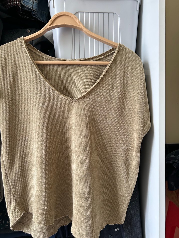 Bej Keten Kadın Kısa Kollu Salaş Kazak - Görsel 5