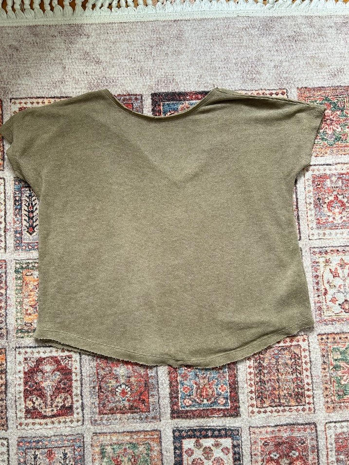 Bej Keten Kadın Kısa Kollu Salaş Kazak - Görsel 4