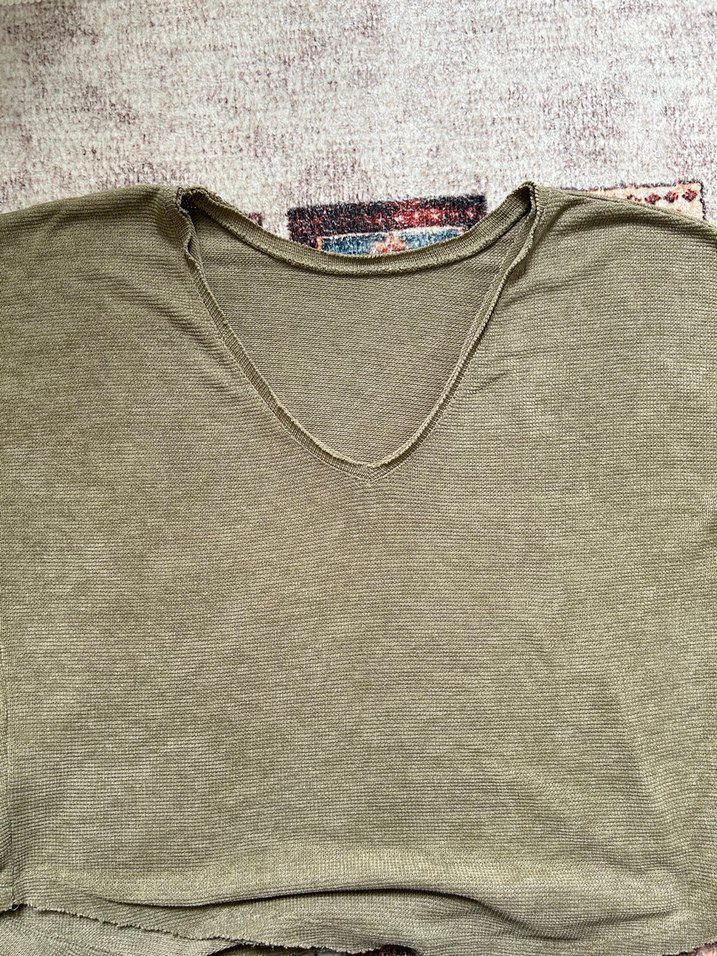 Bej Keten Kadın Kısa Kollu Salaş Kazak - Görsel 3