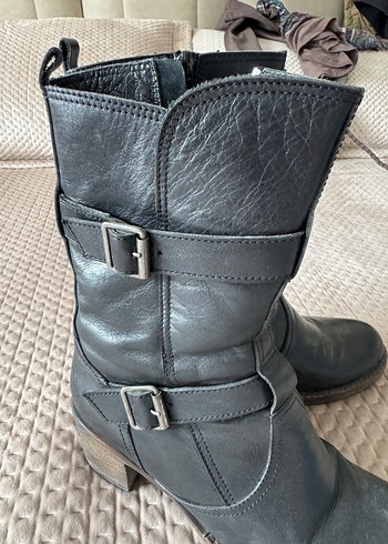 Siyah Deri Tokalı Biker Bot greyder - Görsel 2