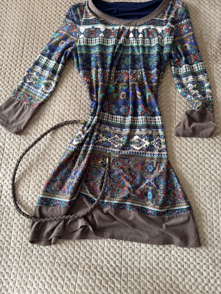 Uzun Kollu Desenli Bohem Elbise - Görsel 3