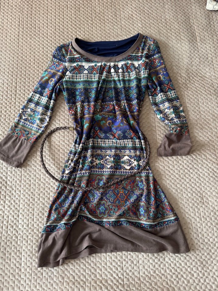 Uzun Kollu Desenli Bohem Elbise - Görsel 2