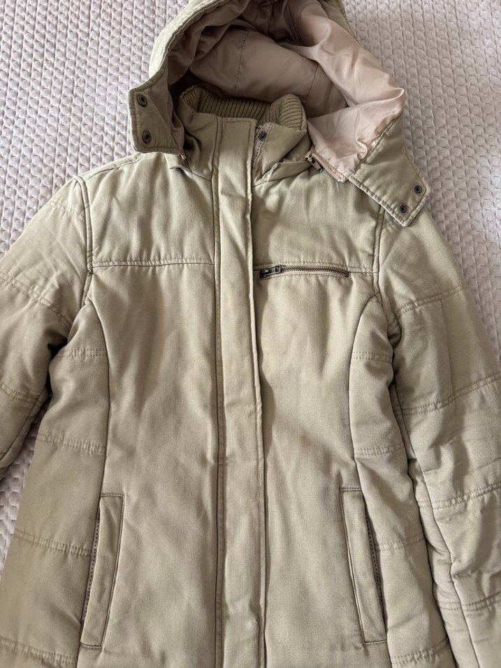 Bej Kadın Midi Kaban, Kürklü, Kapüşonlu - Görsel 2