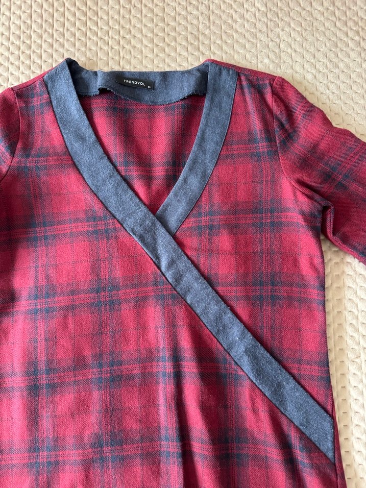 Bordo V Yaka Uzun Kollu Midi Elbise - Görsel 2