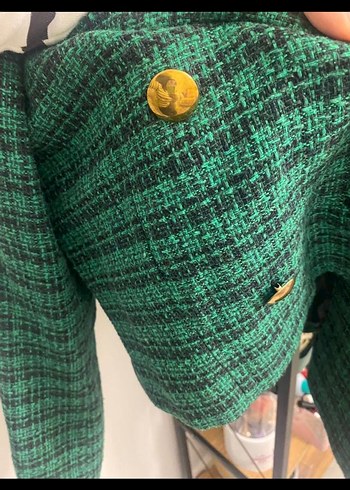 Düğmeli Yeşil Ekose Kadın Blazer Ceket - Görsel 3
