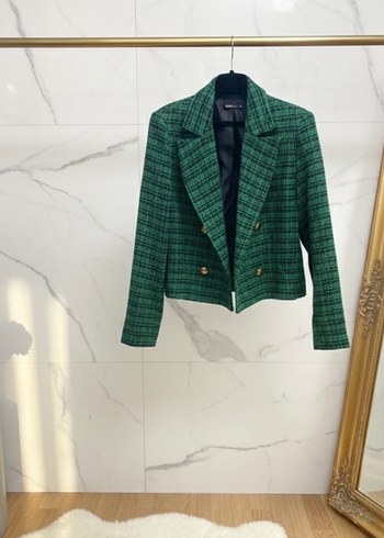 Düğmeli Yeşil Ekose Kadın Blazer Ceket - Görsel 5