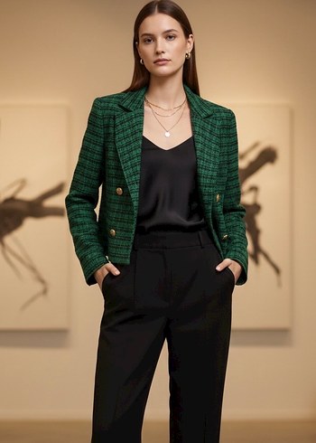 Düğmeli Yeşil Ekose Kadın Blazer Ceket - Görsel 6