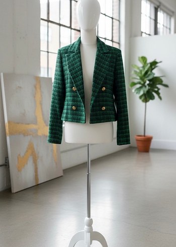 Düğmeli Yeşil Ekose Kadın Blazer Ceket - Görsel 4