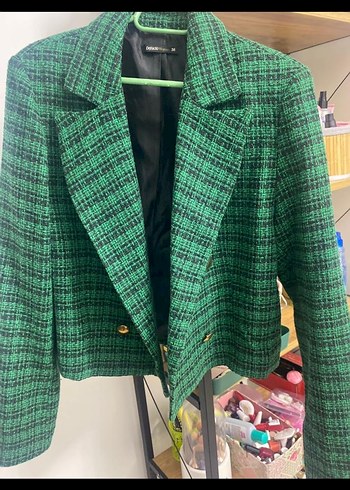 Düğmeli Yeşil Ekose Kadın Blazer Ceket - Görsel 2