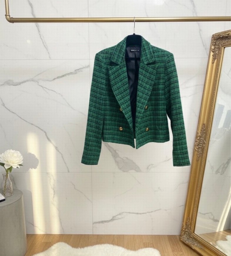 Düğmeli Yeşil Ekose Kadın Blazer Ceket - Görsel 5