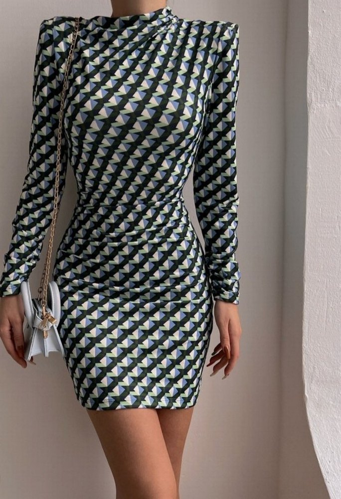 V Yaka Çok Renkli Mini Elbise - Görsel 2