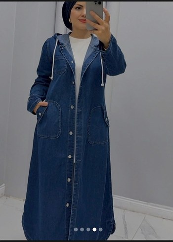 Düğmeli Lacivert Uzun Denim Kadın Kaban