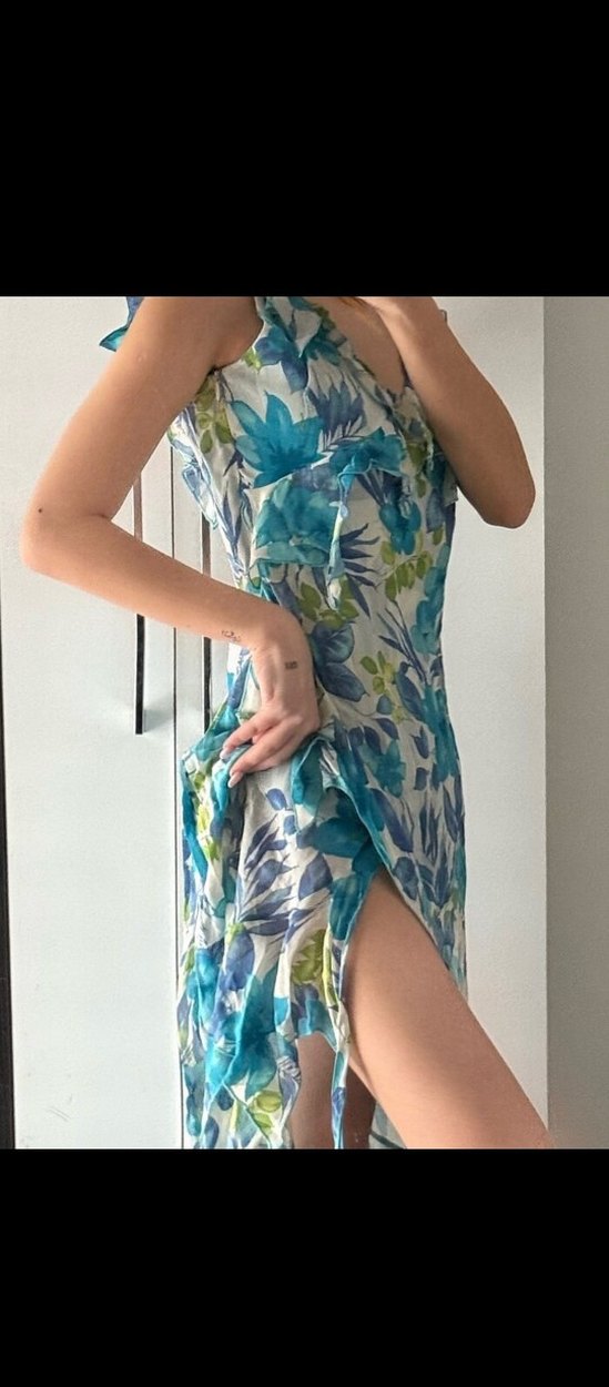 fairy Bohem Mavi Çiçekli Midi Drapeli yaz elbisesi - Görsel 3