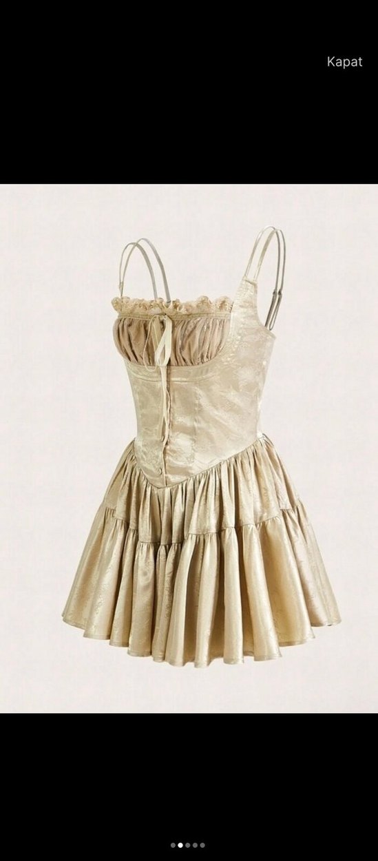 Bej victorian vintage Parlak korseli Saten Elbise - Görsel 2
