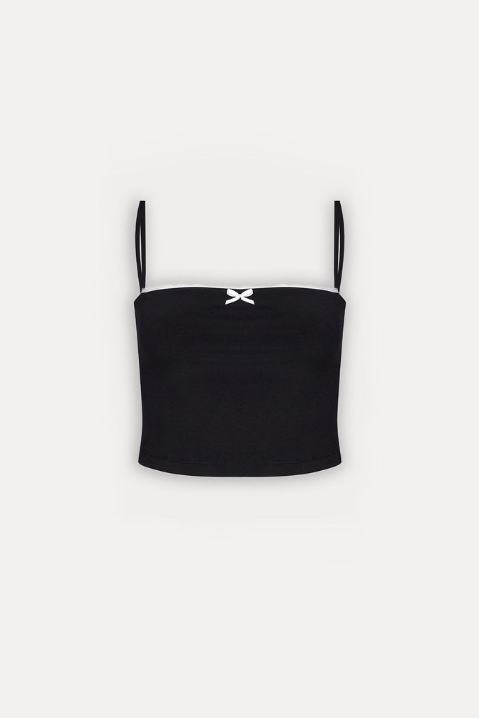 Siyah fiyonklu İnce Askılı Kadın crop - Görsel 2