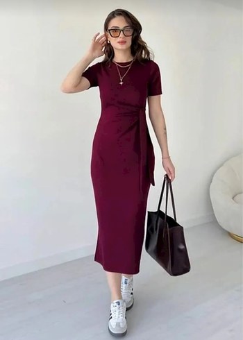 Bordo Uzun Kemerli Günlük Elbise