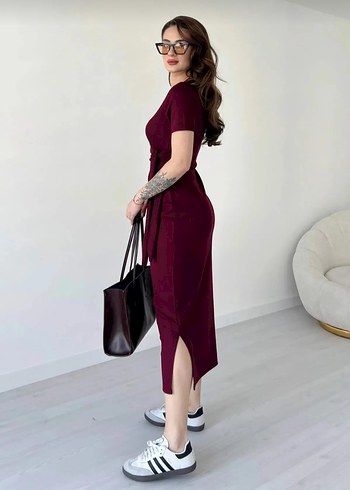 xl Beden Bordo Kemerli Uzun Günlük Elbise