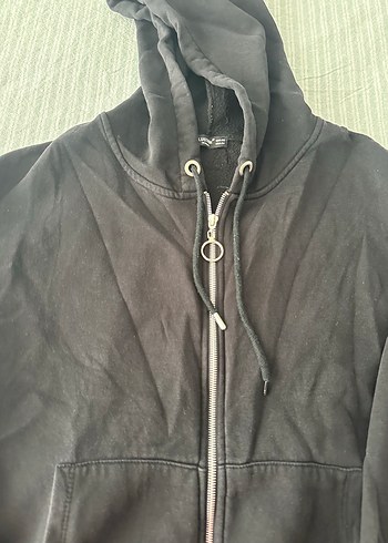 m Beden Siyah Kapüşonlu Fermuarlı Kadın Sweatshirt