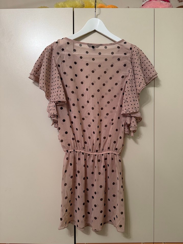 Bej Puantiyeli Volanlı Midi Elbise - Görsel 2