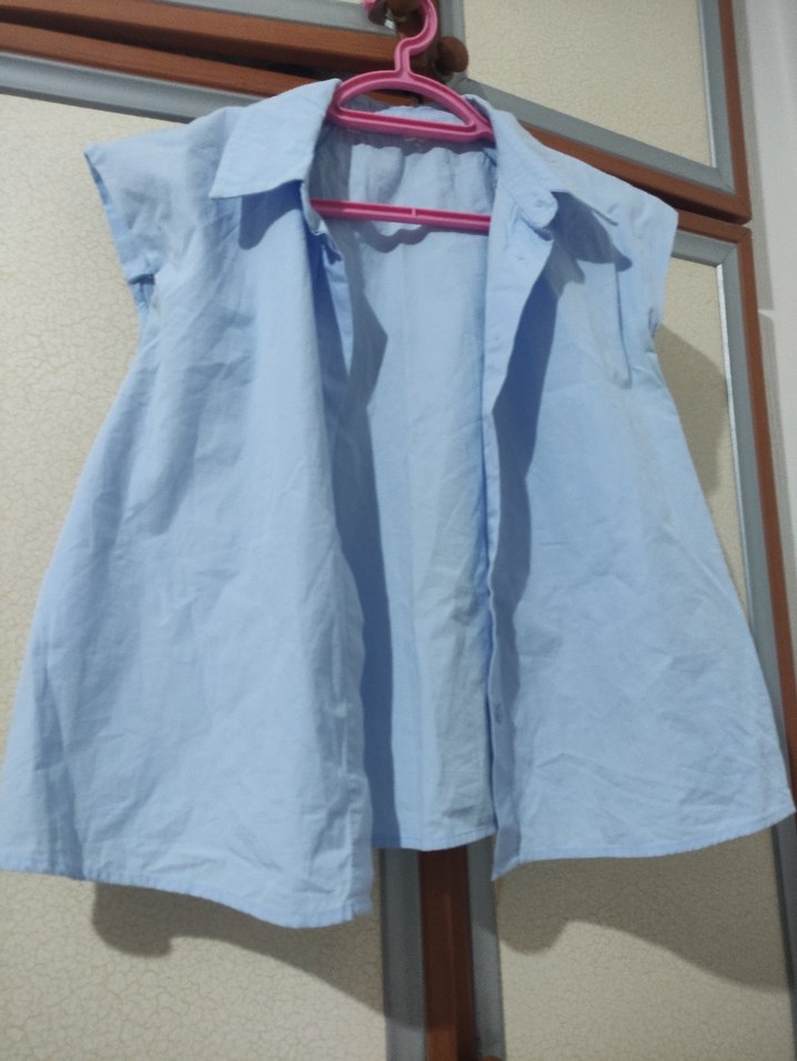 Mavi Kolsuz Keten Gömlek - Görsel 2