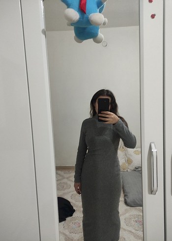 Gri Yün Midi Uzun Kollu Elbise - Görsel 3