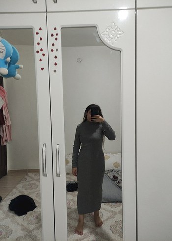 Gri Yün Midi Uzun Kollu Elbise - Görsel 5