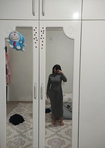 Gri Yün Midi Uzun Kollu Elbise - Görsel 4