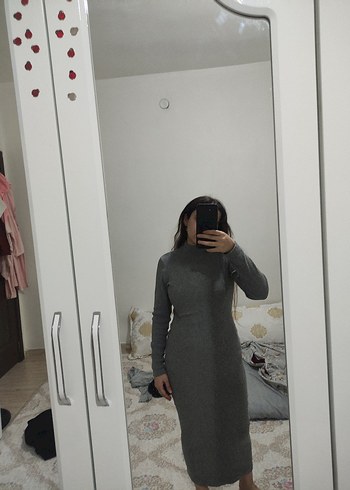 Gri Yün Midi Uzun Kollu Elbise - Görsel 2