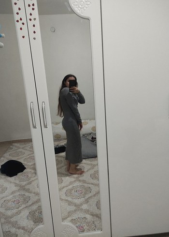 Gri Yün Midi Uzun Kollu Elbise - Görsel 6