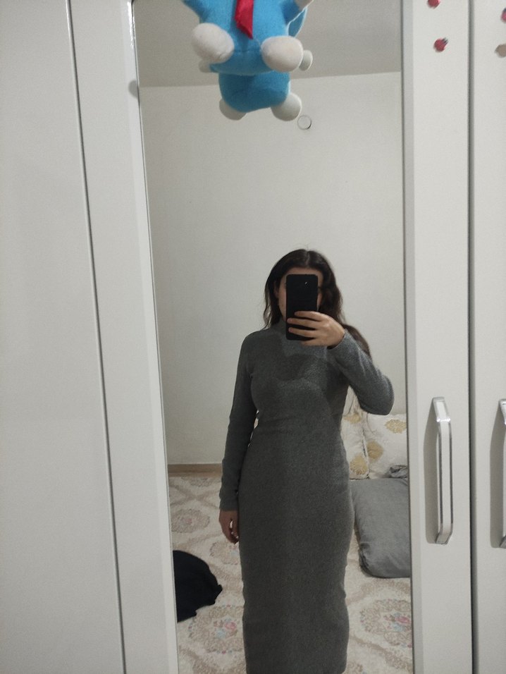 Gri Yün Midi Uzun Kollu Elbise - Görsel 3