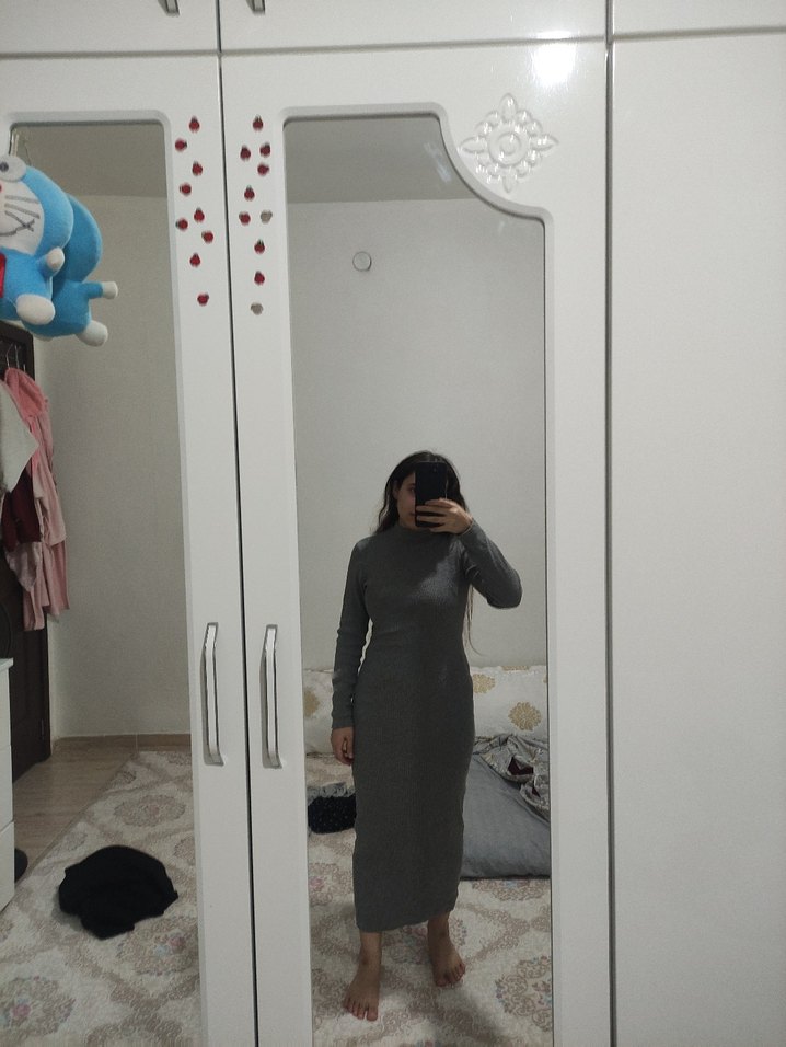 Gri Yün Midi Uzun Kollu Elbise - Görsel 5