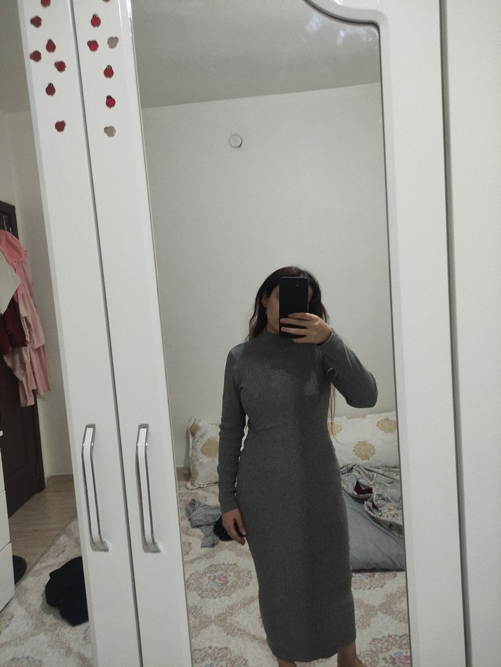 Gri Yün Midi Uzun Kollu Elbise - Görsel 2