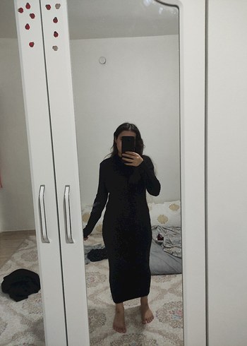 Siyah Uzun Kollu Midi Elbise - Görsel 2