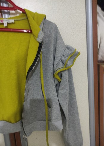 Gri Kapüşonlu Kısa Fermuarlı Sweatshirt - Görsel 4