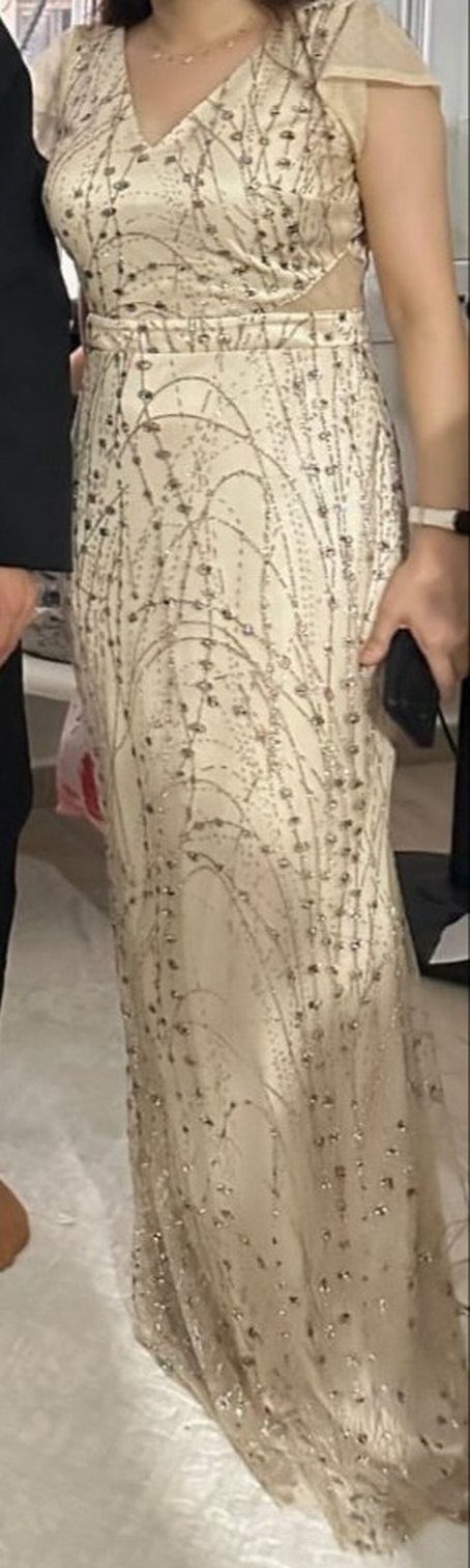 Bej Transparan V Yaka Uzun Abiye Elbise - Görsel 3