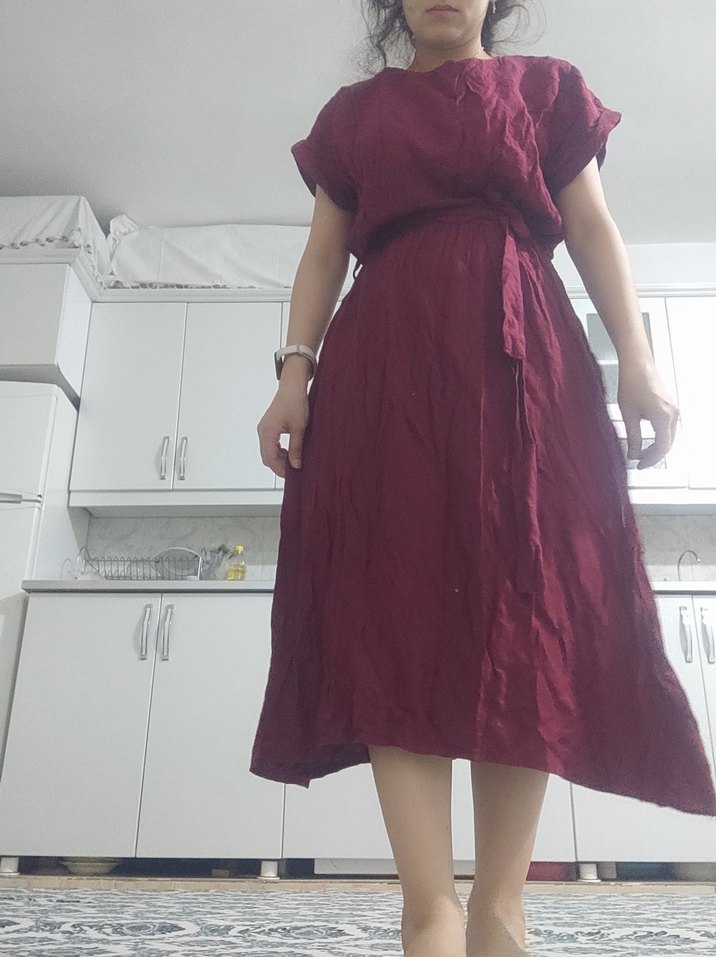 Bordo V Yakalı Salaş Hamile Elbisesi - Görsel 3