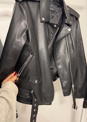 Kemerli Siyah Deri Biker Ceket - Görsel 5