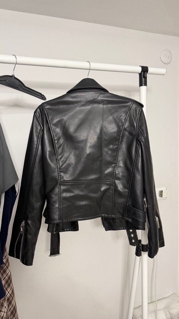 Kemerli Siyah Deri Biker Ceket - Görsel 2