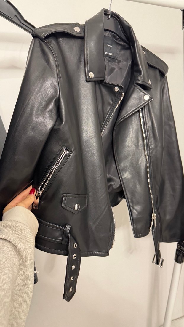 Kemerli Siyah Deri Biker Ceket - Görsel 5